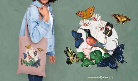 Diseño de bolso tote colibrí y mariposas