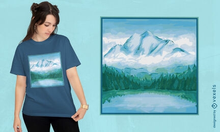 Design de camiseta de retrato em aquarela de paisagem de montanha