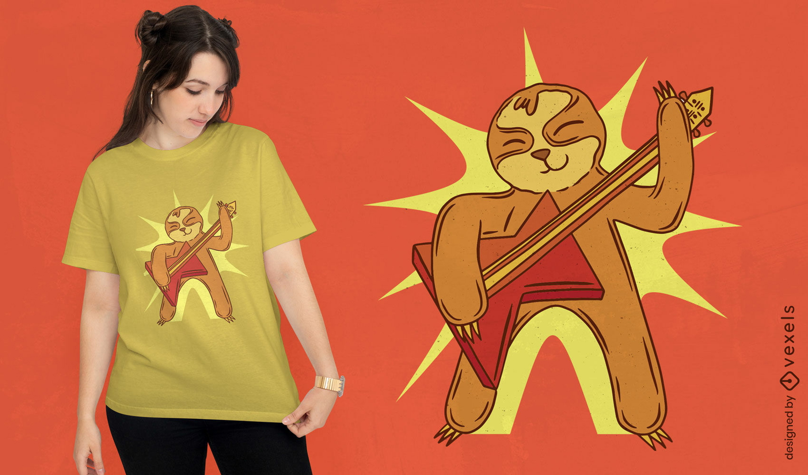 Design de camiseta de desenho animado de pregui?a tocando guitarra