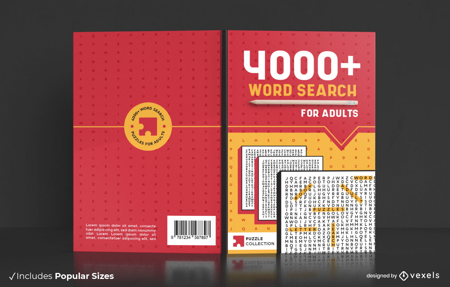 Quebra-cabeças de busca de palavras para design de capa de livro para adultos