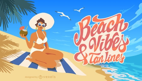 Ilustração de citação de praia de bronzeamento de menina