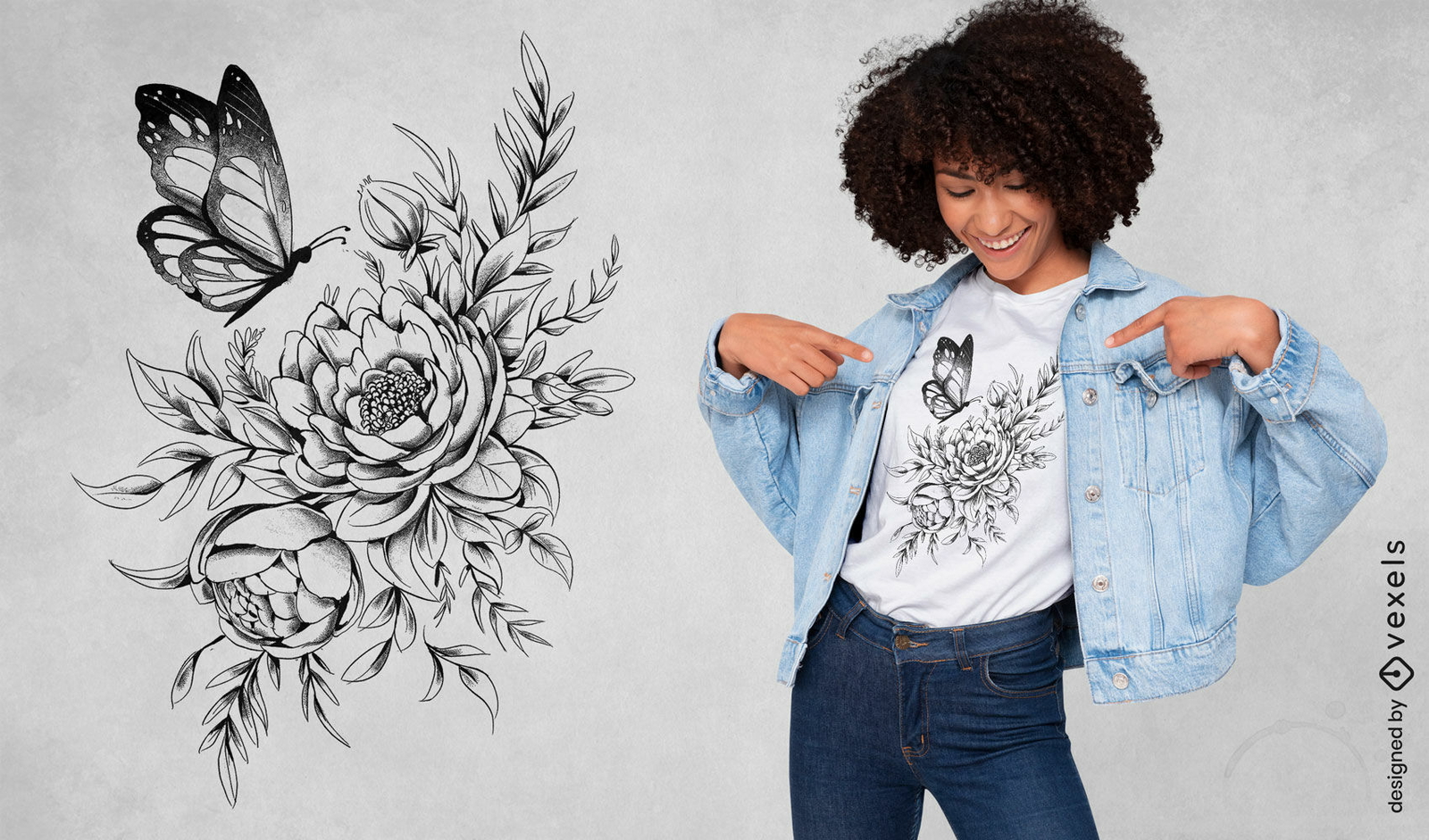 Diseño de camiseta de tatuaje de mariposa floral.