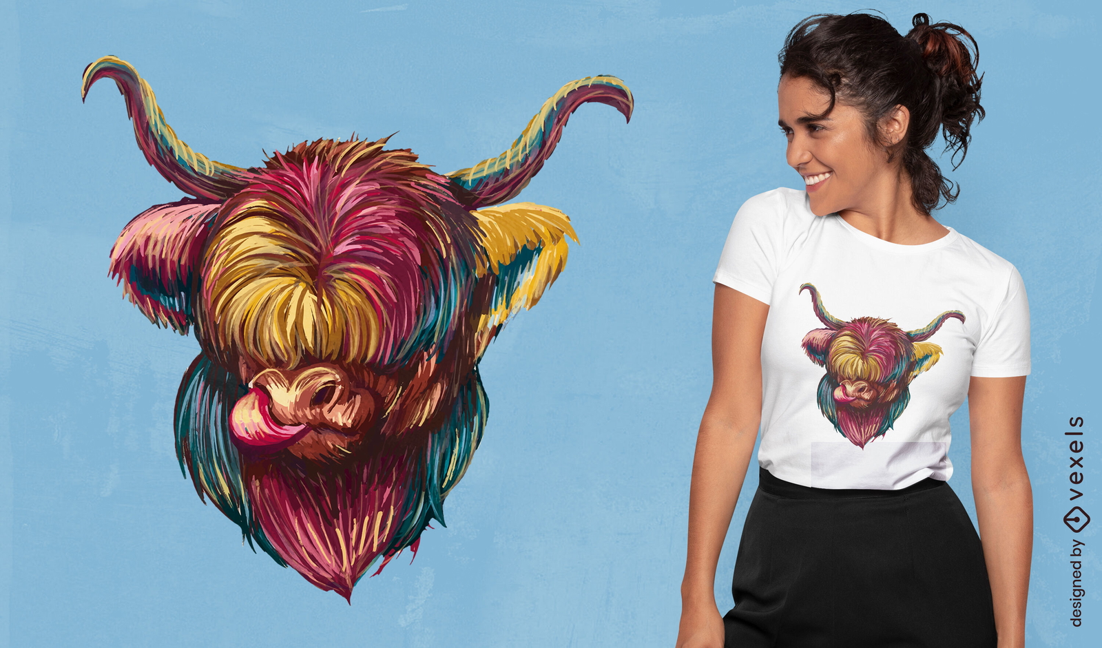 Diseño de camiseta con ilustración de animal de vaca de las tierras altas