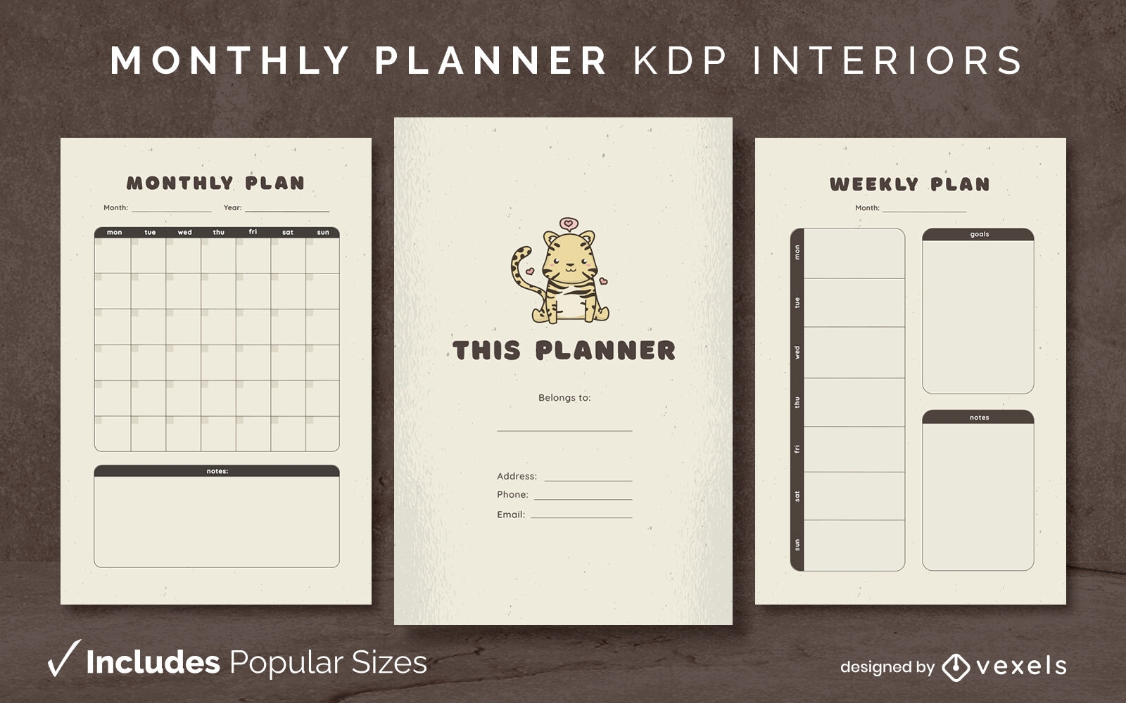 Diseño de diario de planificador de tigre kawaii Modelo KDP