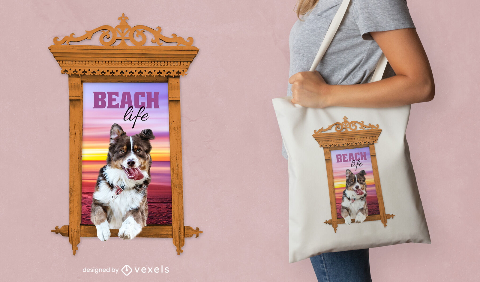 Perro en diseño de bolsa de asas de retrato de puesta de sol