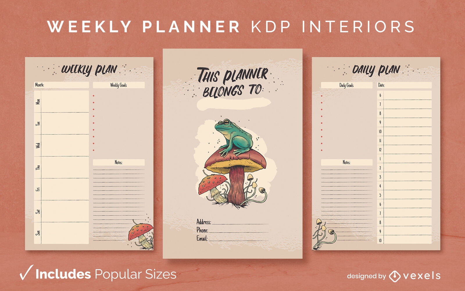 Modelo de design de diário de planejador de sapo cogumelo KDP