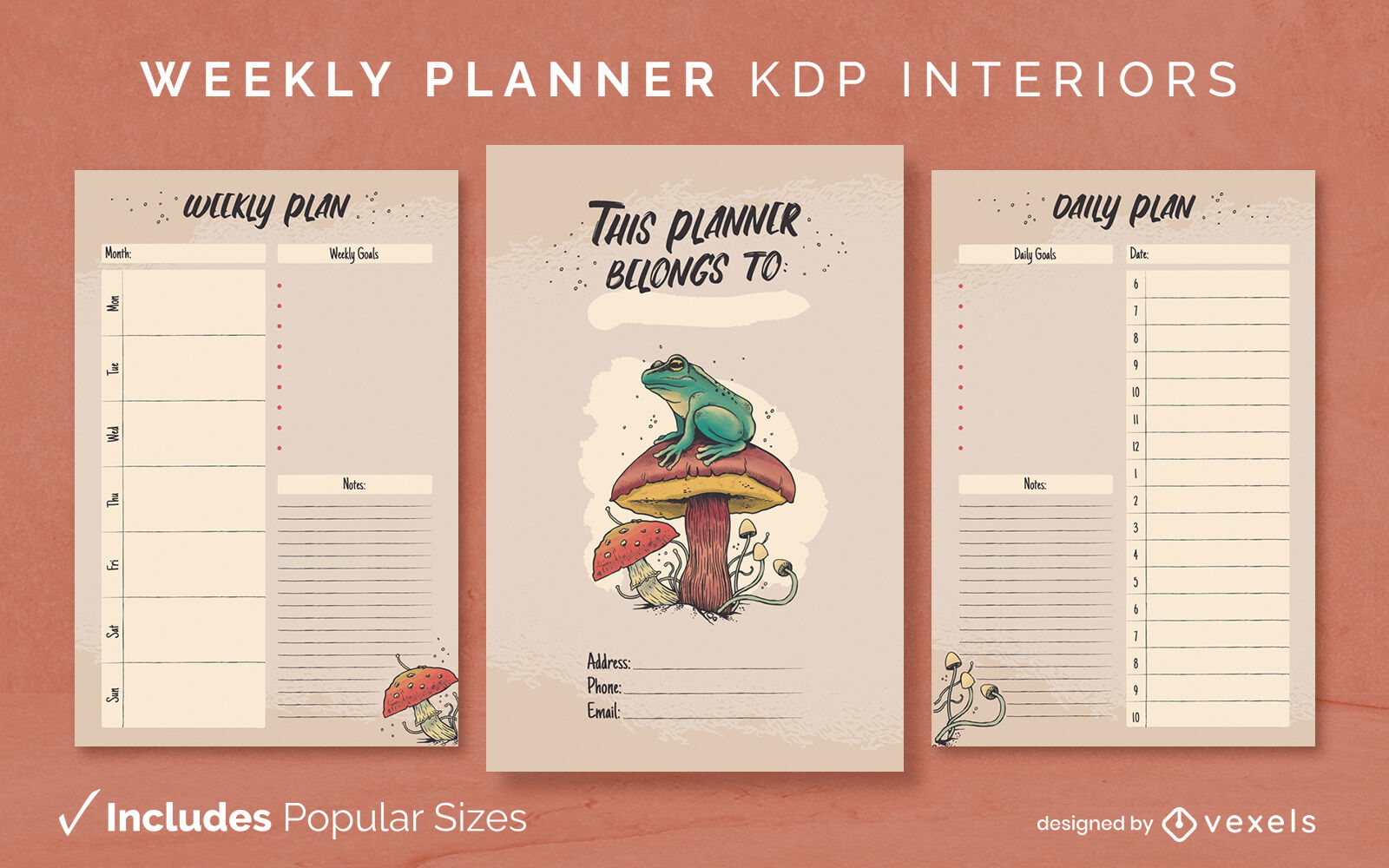 Modelo de design de diário de planejador de sapo cogumelo KDP