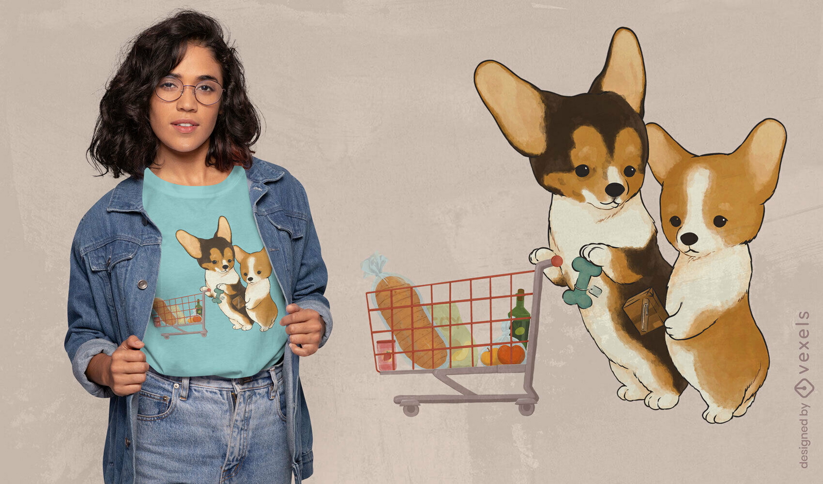 Diseño de camiseta de perros corgi de supermercado.