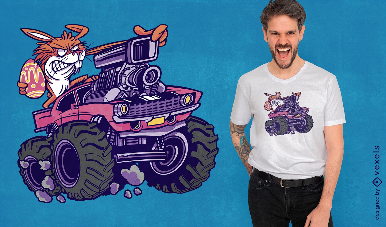 Diseño de camiseta de conejito de pascua en camión monstruo