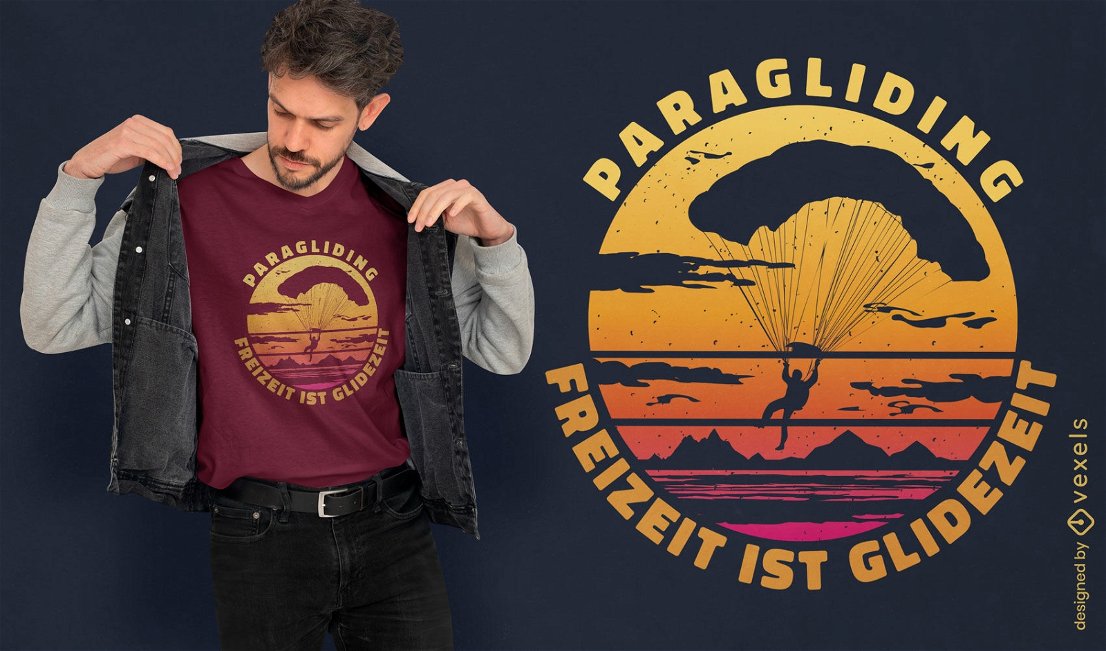 Diseño de camiseta de puesta de sol retro de silueta de parapente