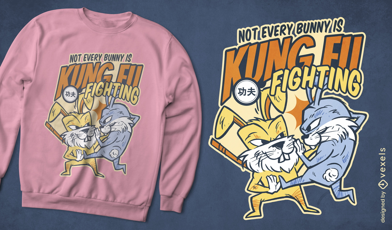 Conejos haciendo diseño de camiseta de artes marciales de kung fu.