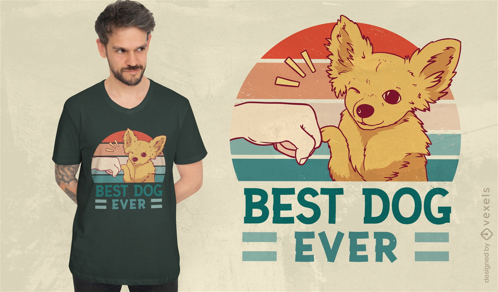 Design de camiseta por do sol retr? de cachorro e humano