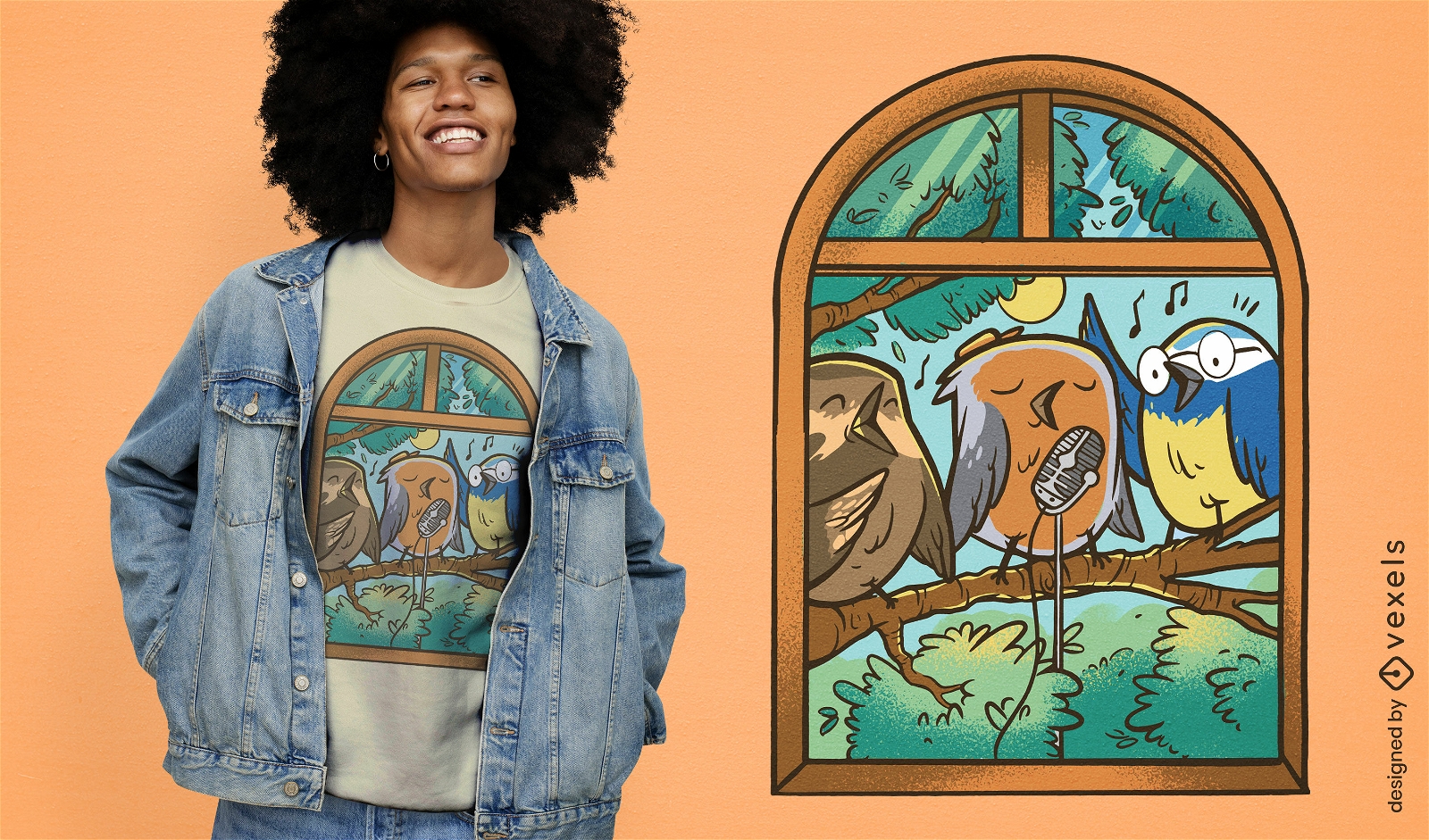 Fenster-T-Shirt-Design mit singenden Vögeln