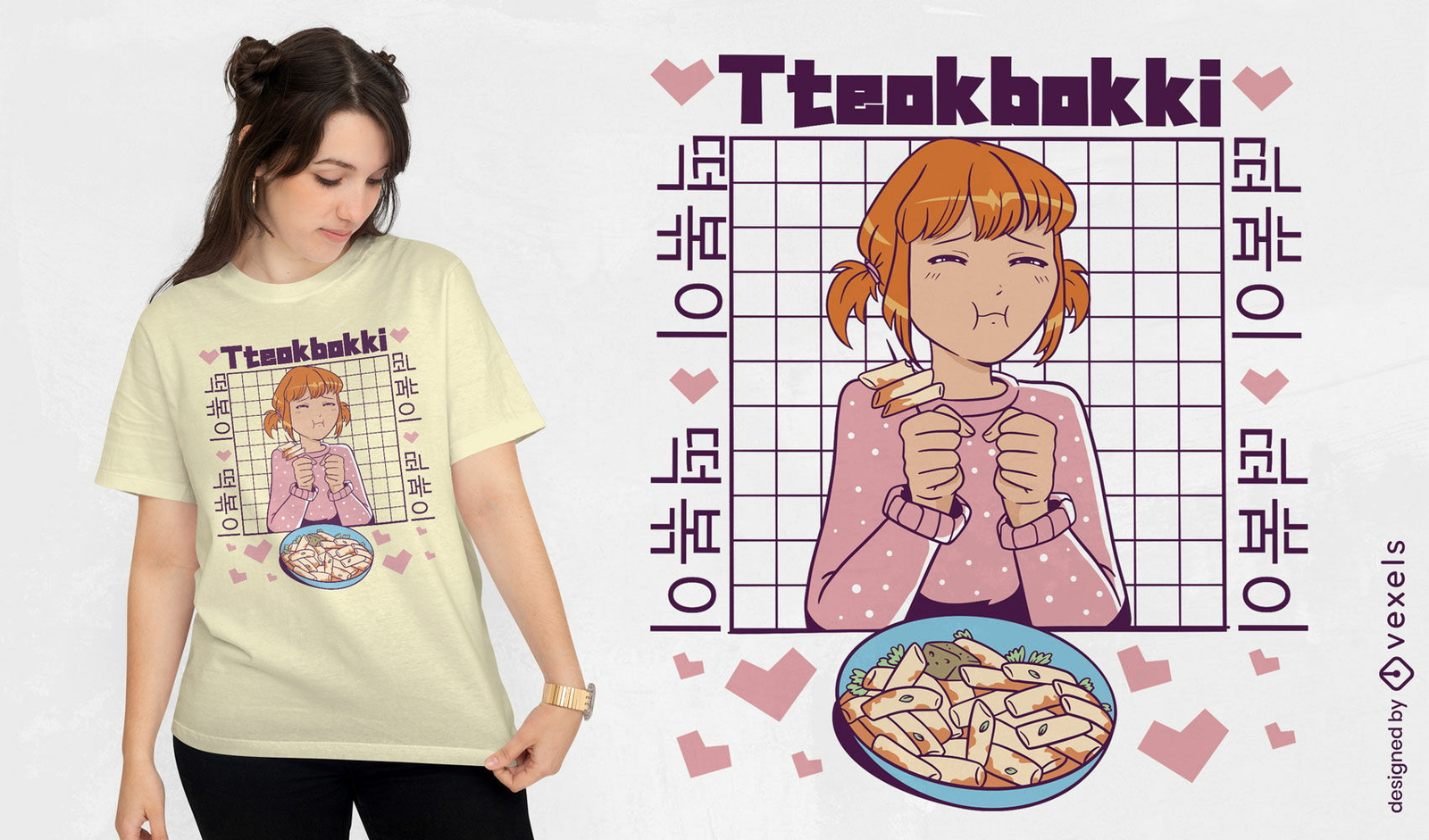 Glückliches Mädchen, das koreanisches Lebensmittel-T-Shirt-Design isst