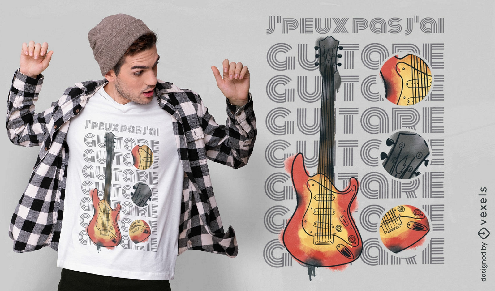 Diseño de camiseta de partes de guitarra.