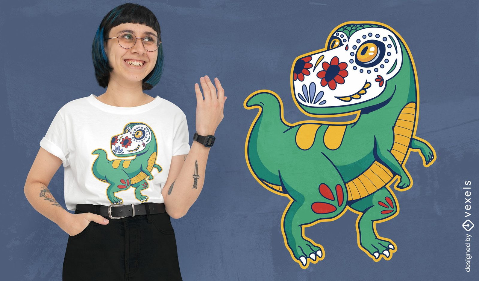 Diseño de camiseta de calavera de azúcar T-rex