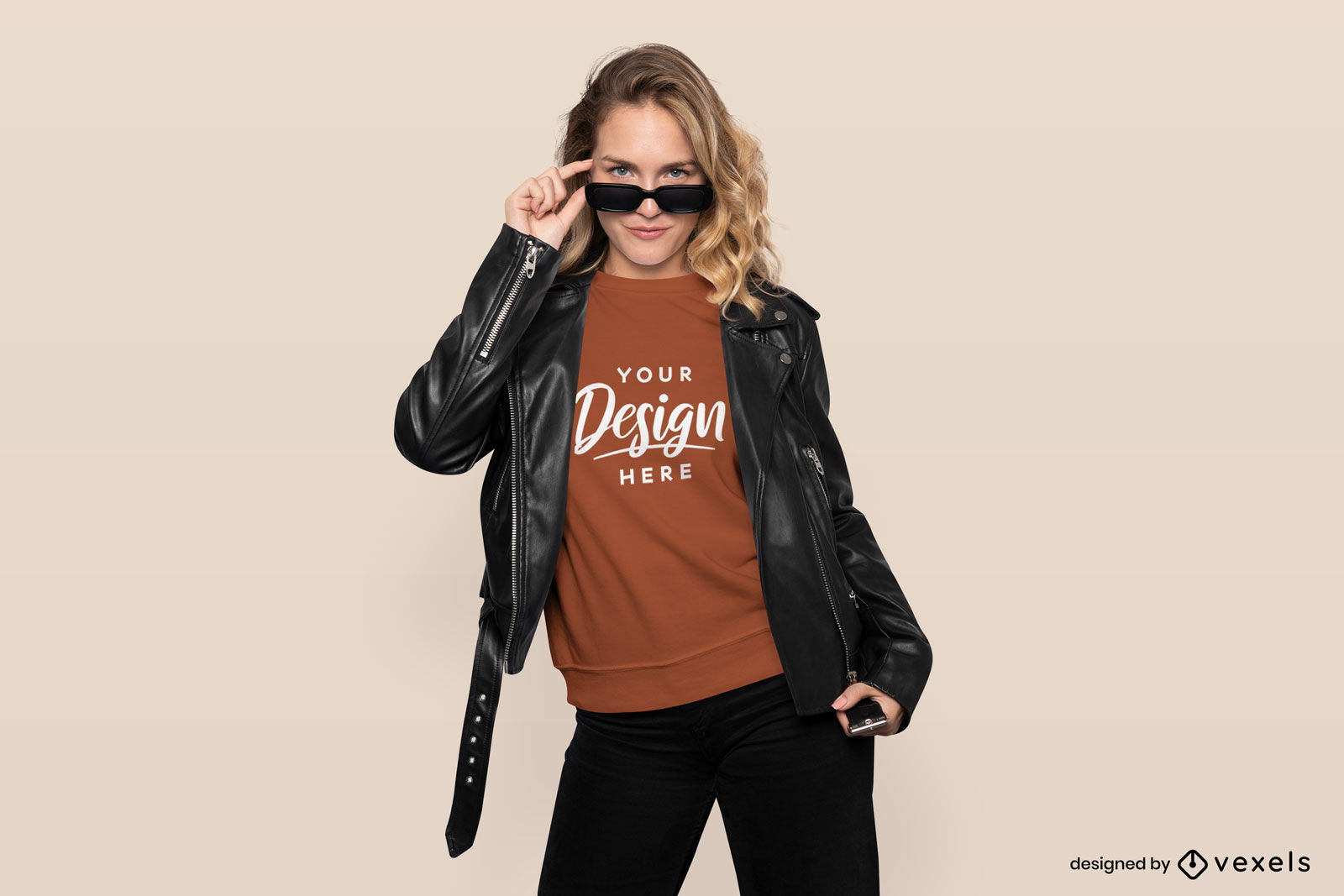 Model leather jacket t-shirt mockup