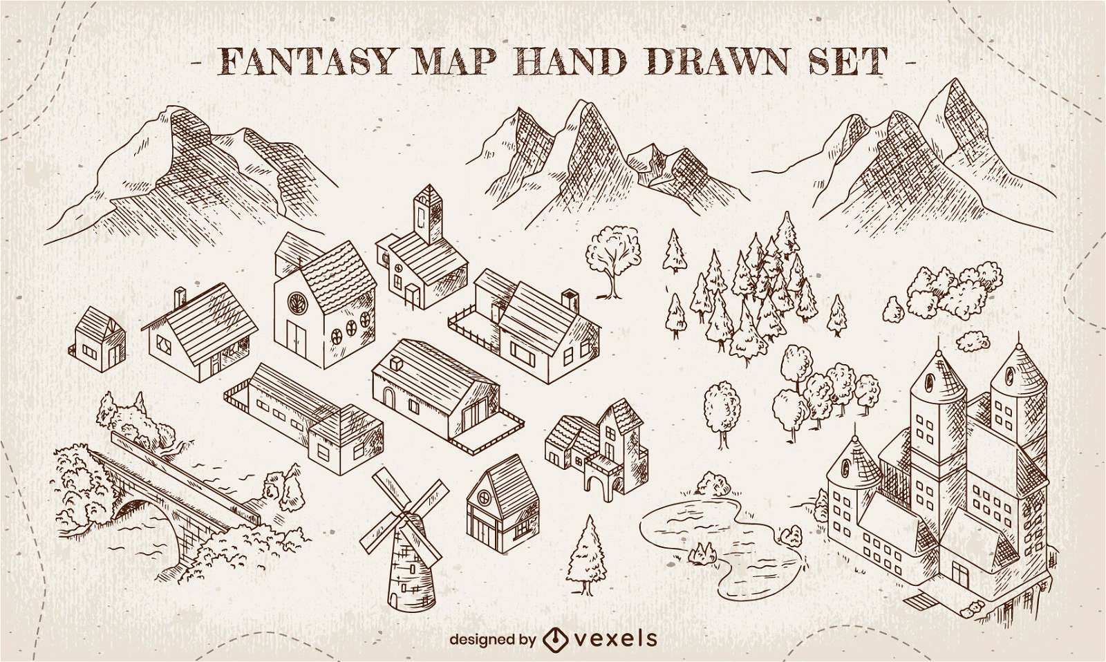 Medieval fanatsy map hand drawn set