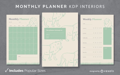 Planificador mensual de león Diseño de diario Modelo KDP