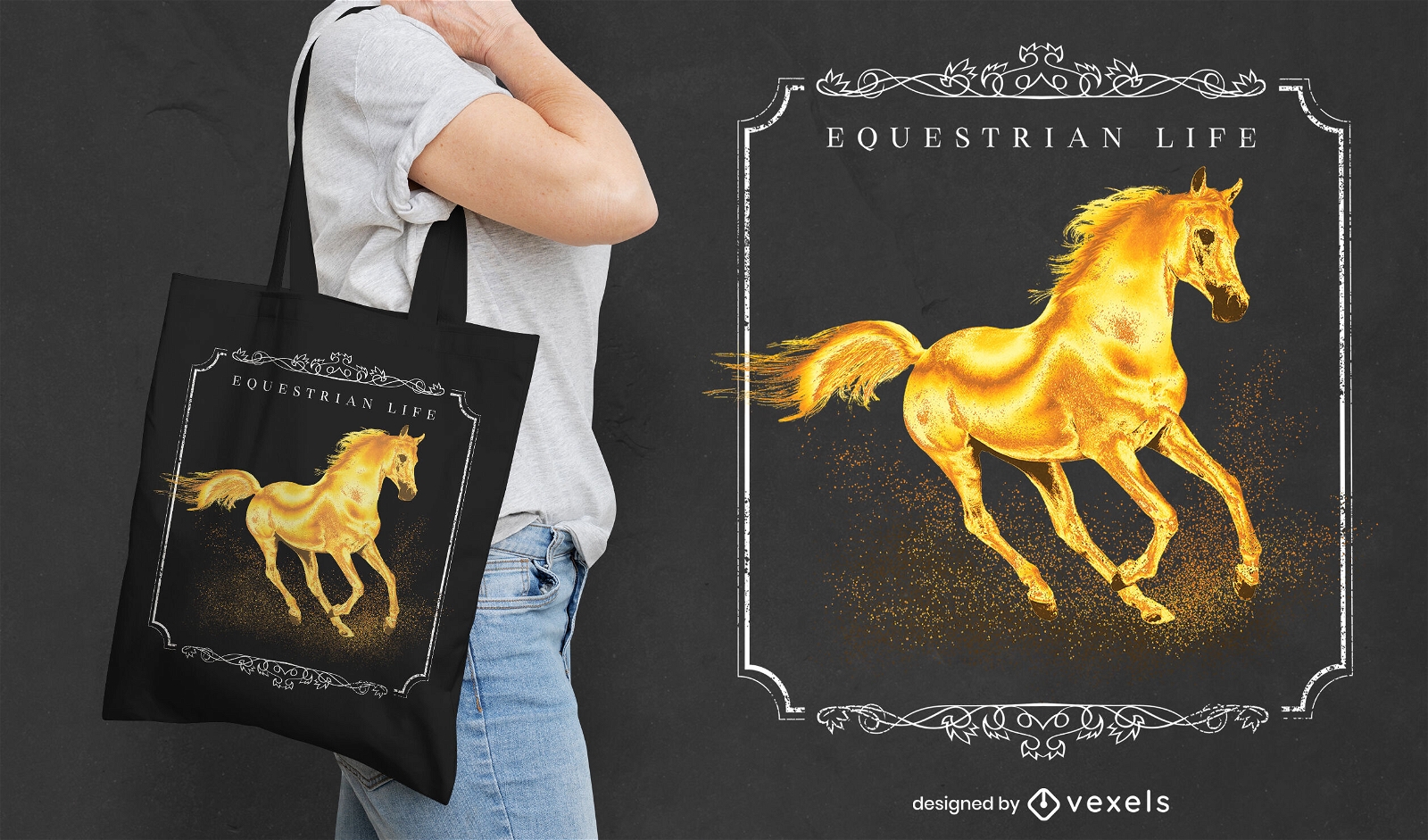 Diseño de bolso tote ecuestre caballo dorado