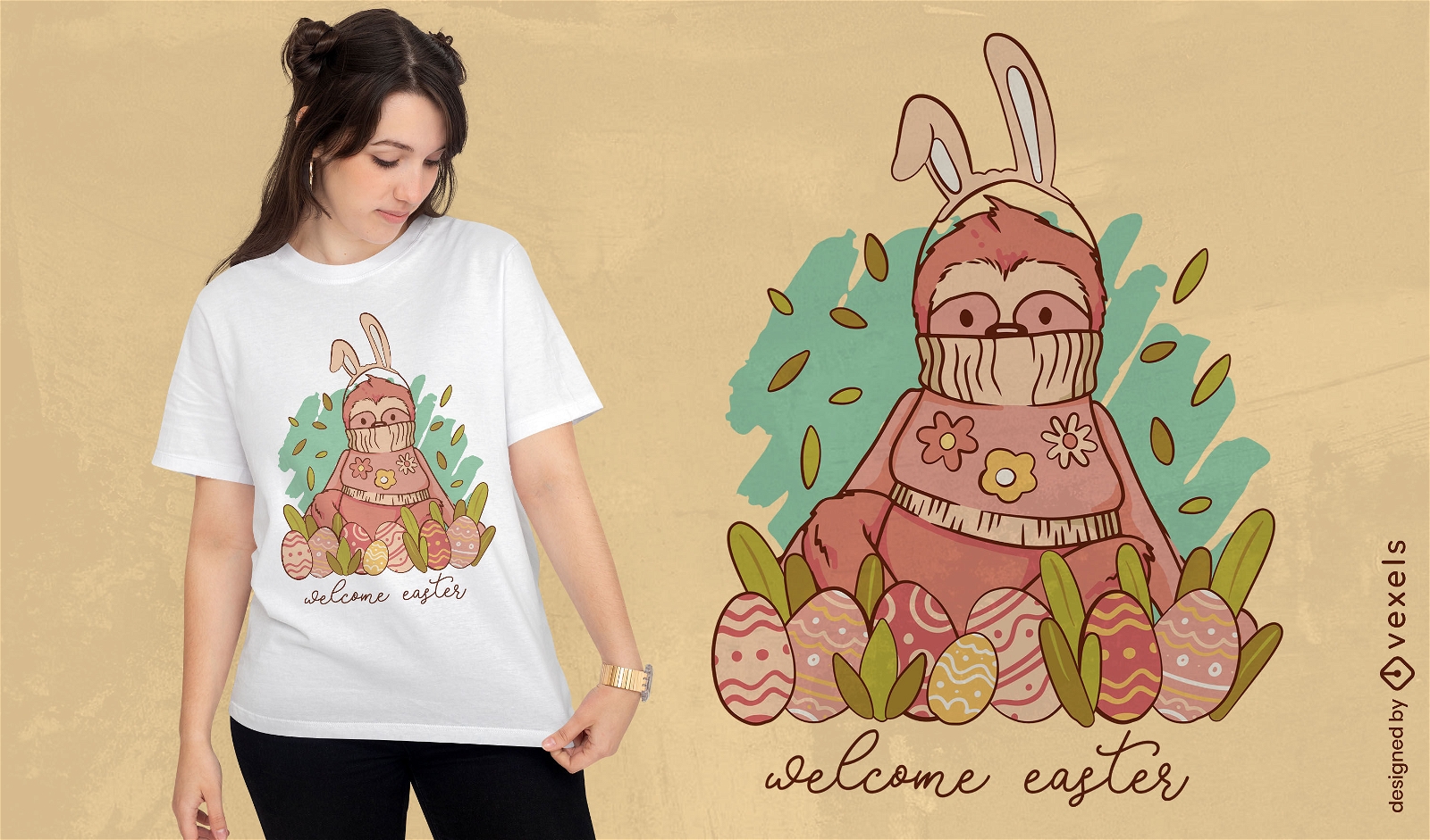 Diseño de camiseta de orejas de conejo perezoso de Pascua