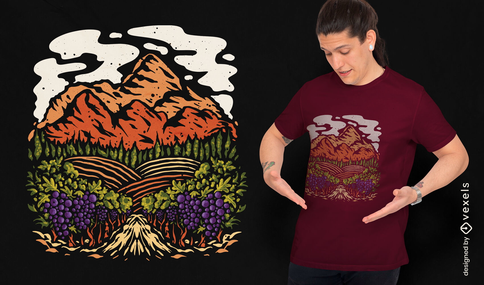 Diseño de camiseta de paisaje de viñedo.