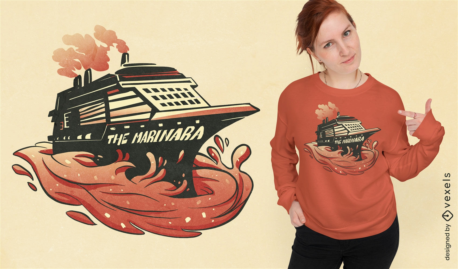 Schiff auf Marinara-Sauce-T-Shirt-Design