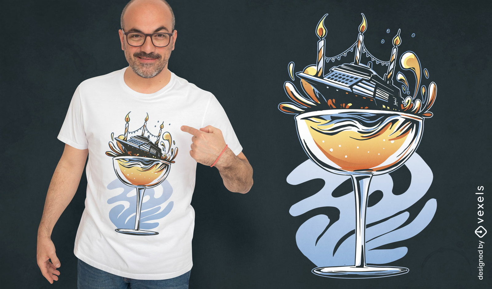 Kreuzfahrtschiff auf Cocktailglas-T-Shirt-Design