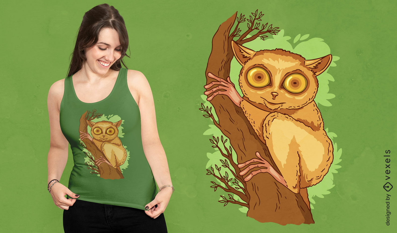 Diseño de camiseta de animal tarsero en árbol.