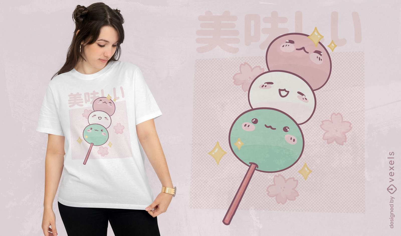 Diseño de camiseta de comida kawaii mochis