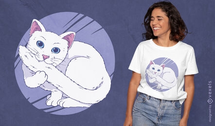 Diseño de camiseta de gato blanco mordiendo cola.