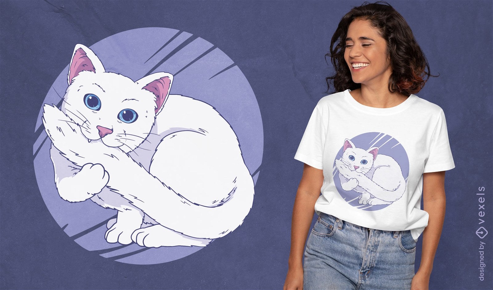 Design de camiseta de rabo de gato branco mordendo