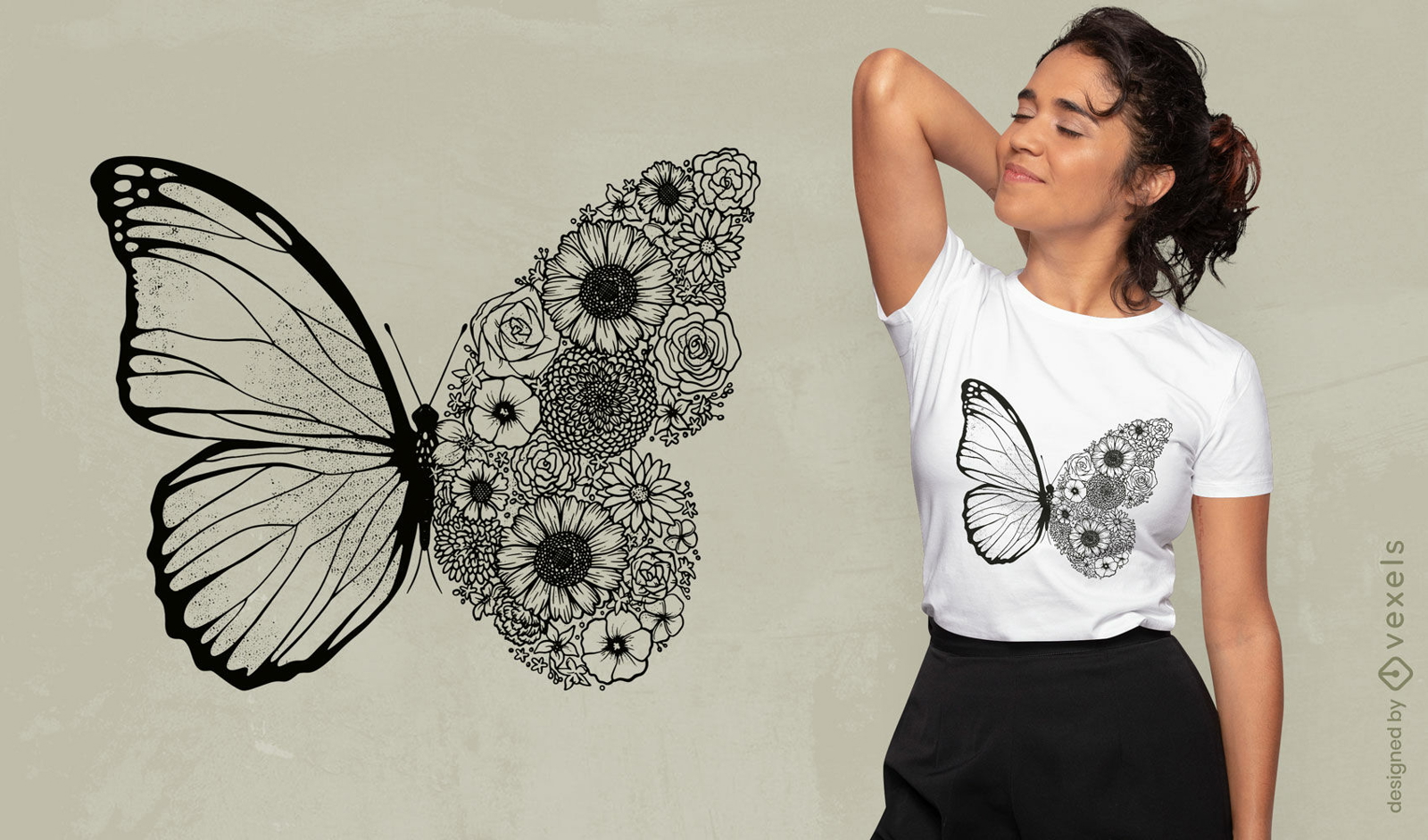 Diseño de camiseta de naturaleza de mariposa floral.