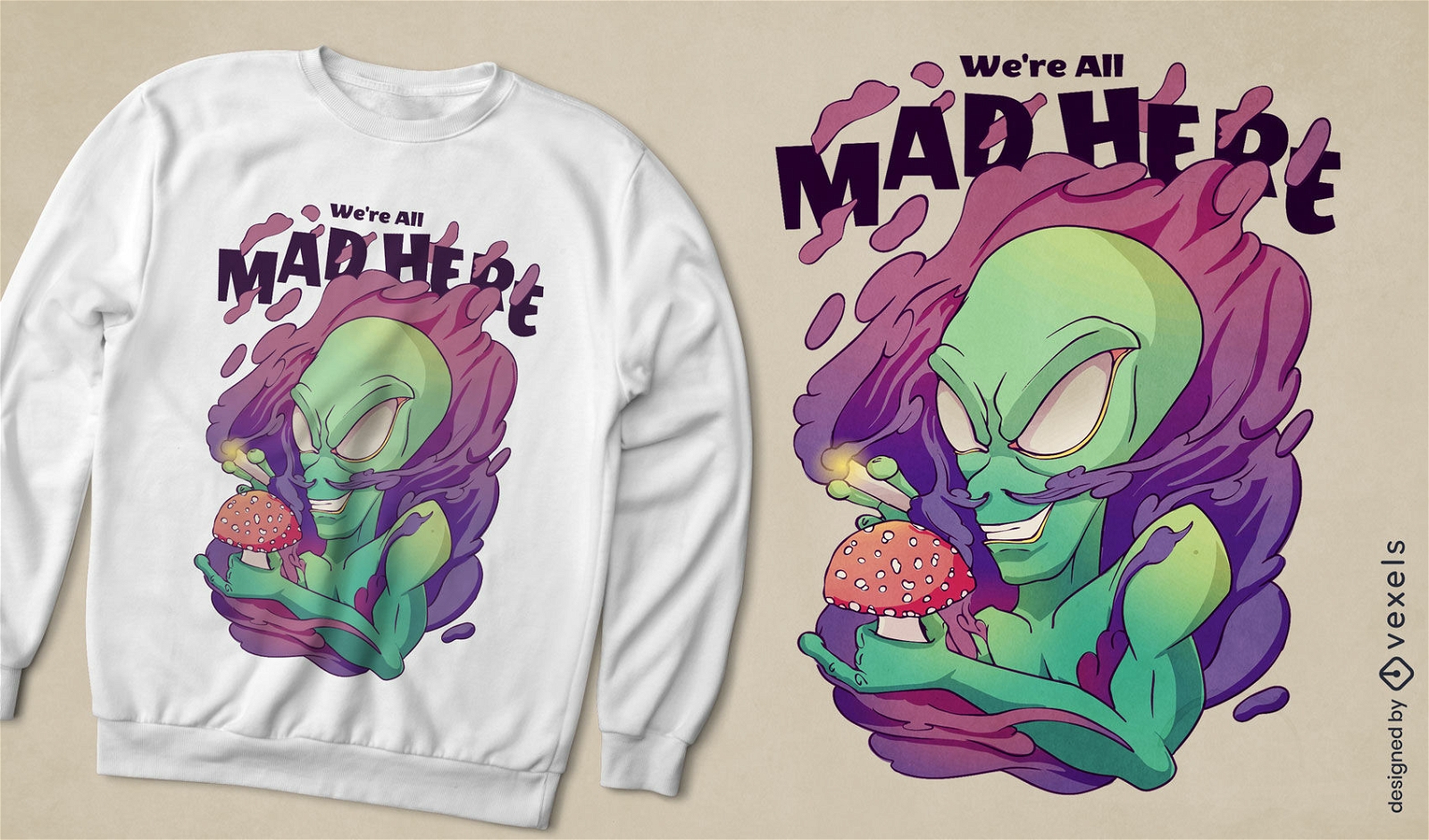 Trippy alien with mushroom t-shirt design