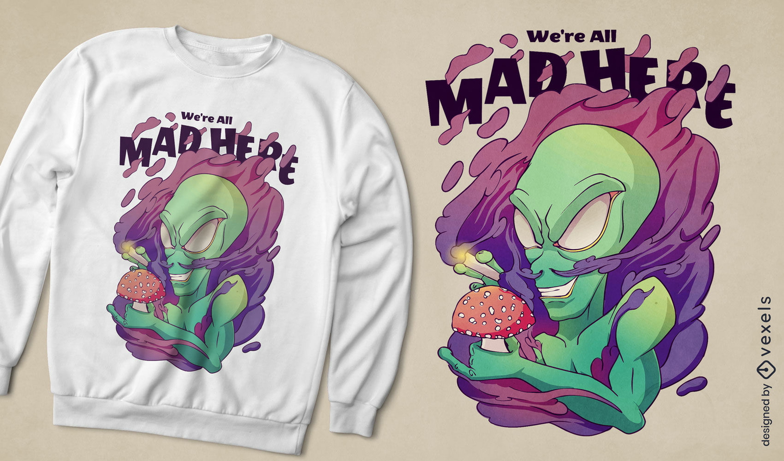 Trippy alienígena com design de camiseta de cogumelo