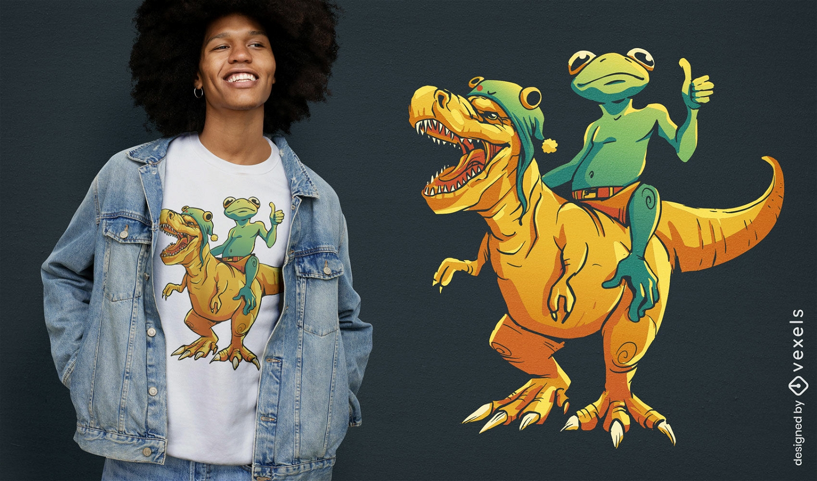 Frog riding a t-rex t-shirt design