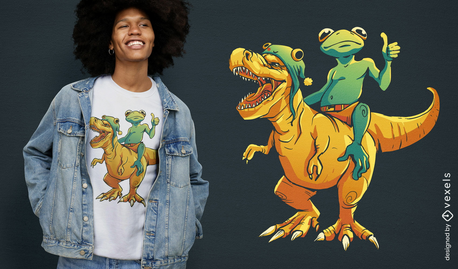 Rana montando un diseño de camiseta t-rex