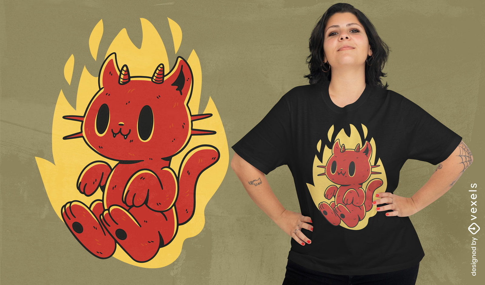 Diseño de camiseta de llamas de gato diablo