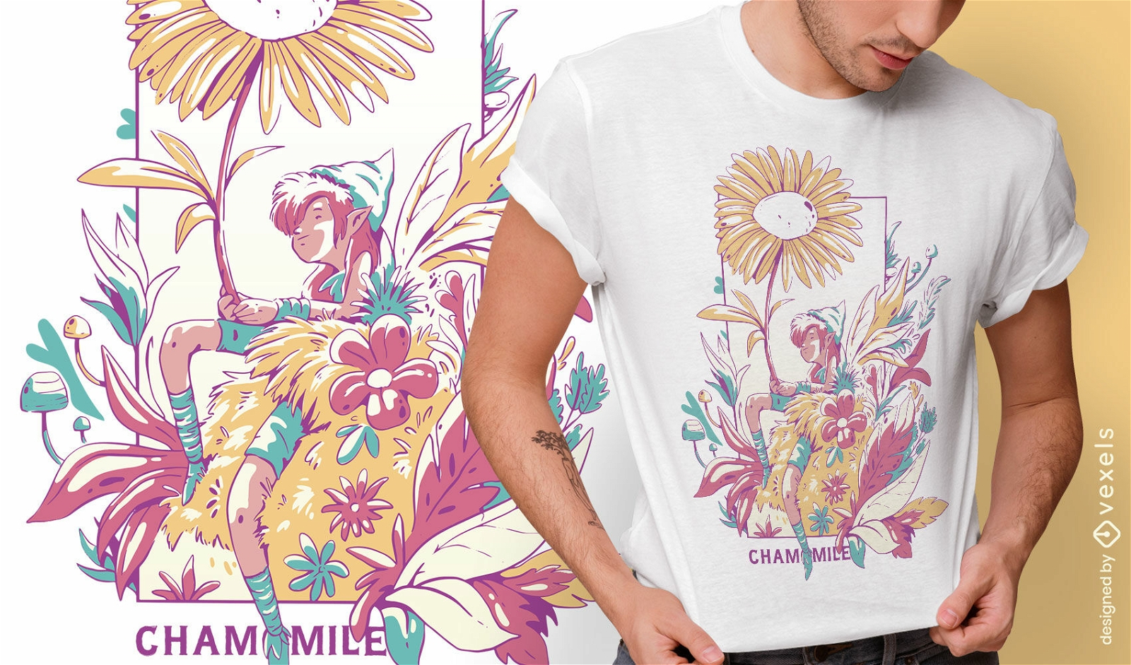 Fada em design de camiseta de campo de flores de camomila