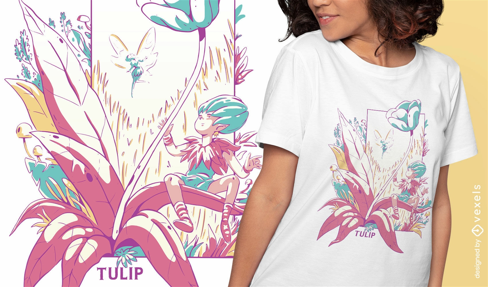 Diseño de camiseta de pequeña hada con flores.