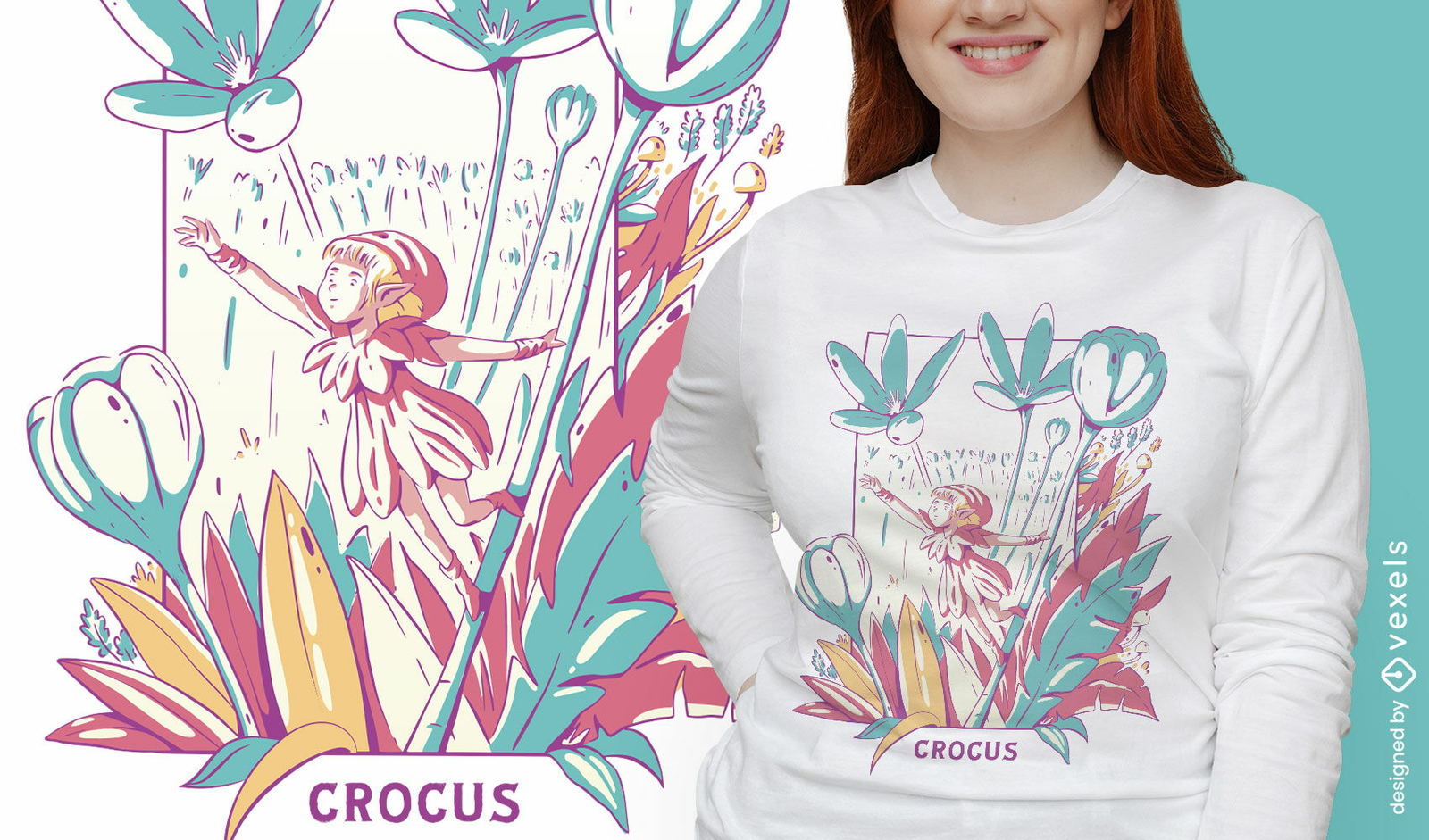 Hada de fantasía en diseño de camiseta de campo de flores.