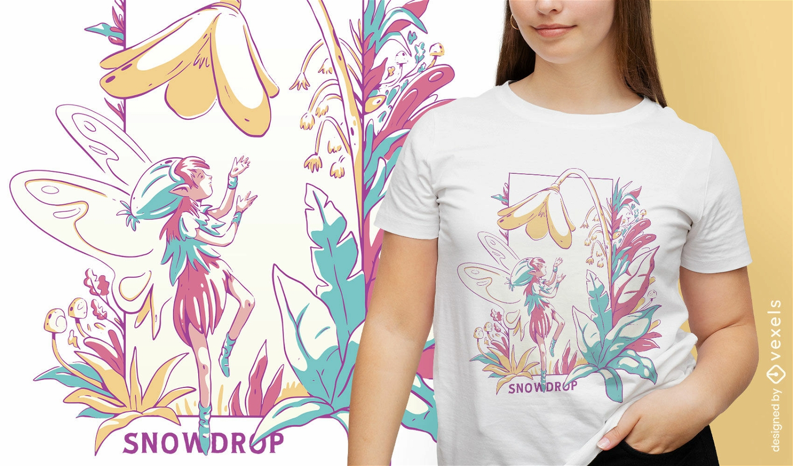 Diseño de camiseta pequeña hada con flores.