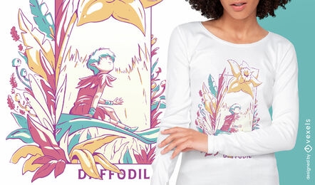 Fada mágica no design de camiseta de campo de flores