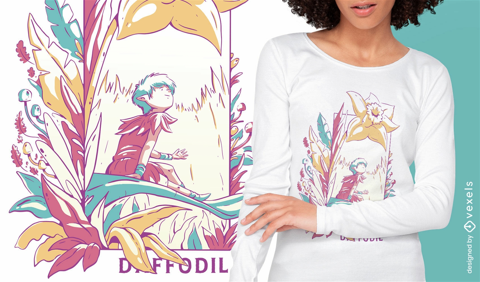 Hada mágica en diseño de camiseta de campo de flores.