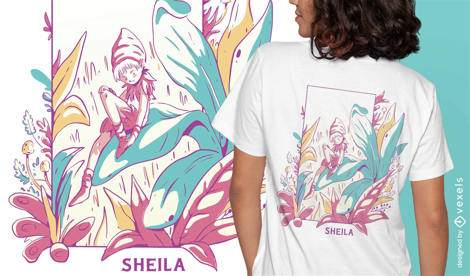 Hada mágica en diseño de camiseta de campo de flores.