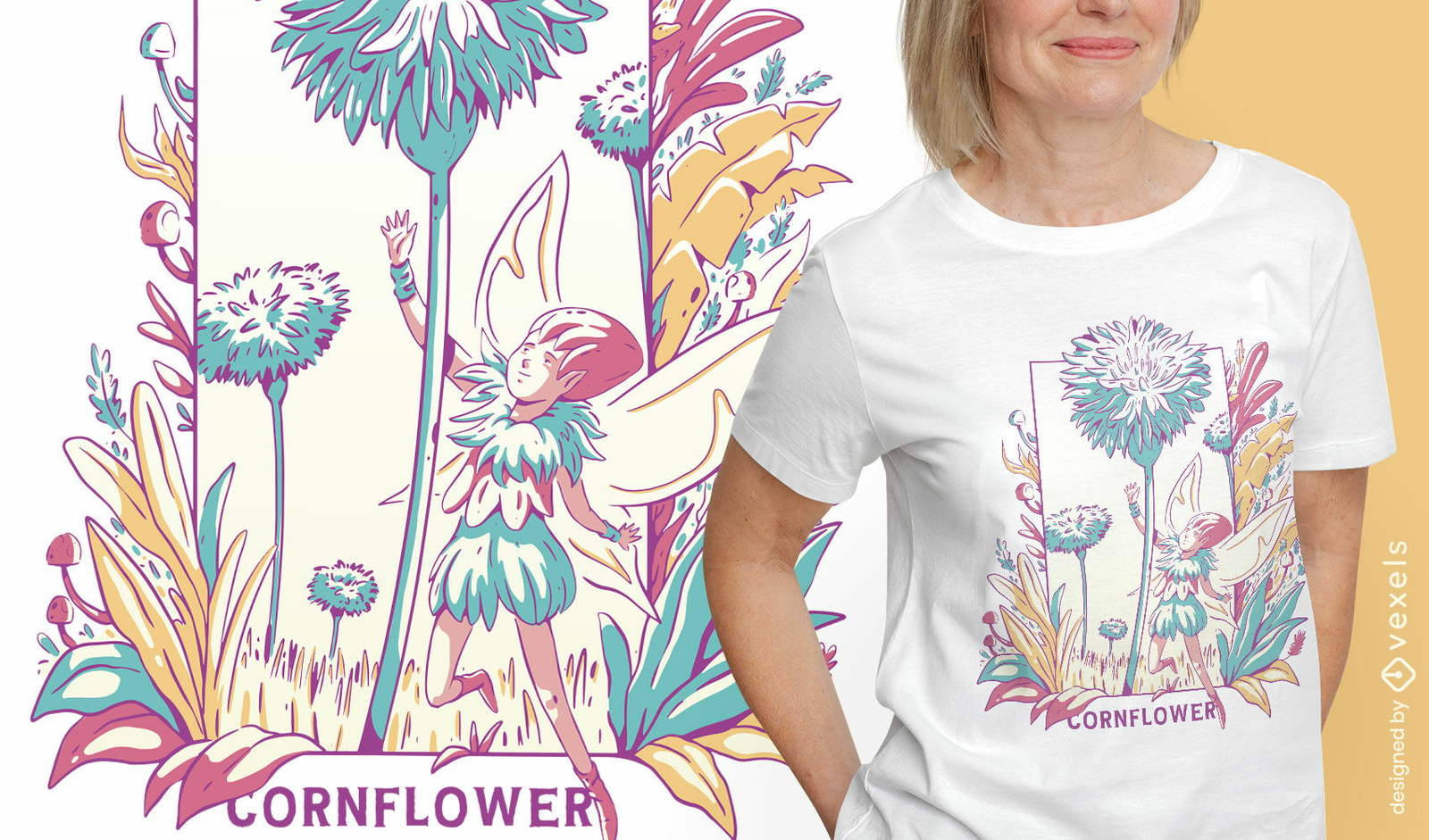 Geflügelte Fee mit Blumen-T-Shirt-Design