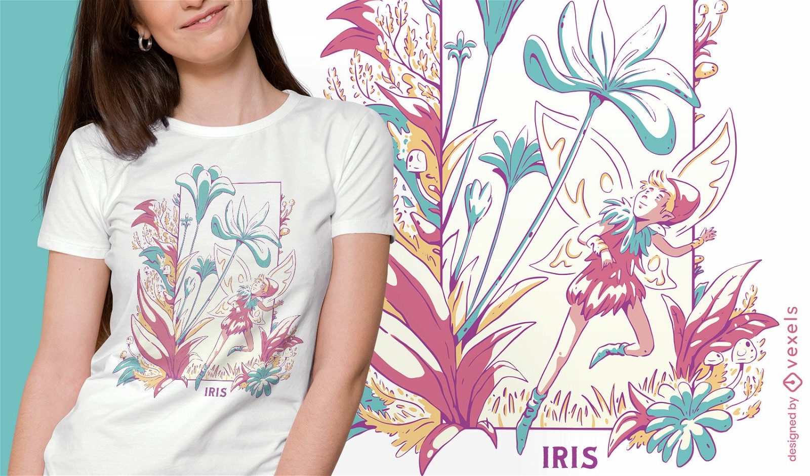 Hada alada en diseño de camiseta de campo de flores.