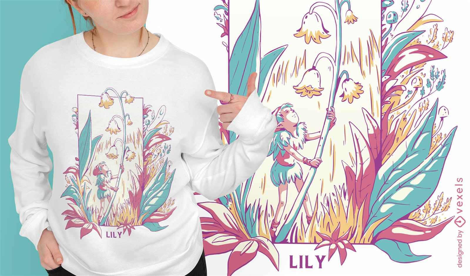 Fada fofa com design de camiseta de flores e plantas