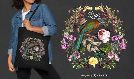 Bird in floral wreath tote bag design