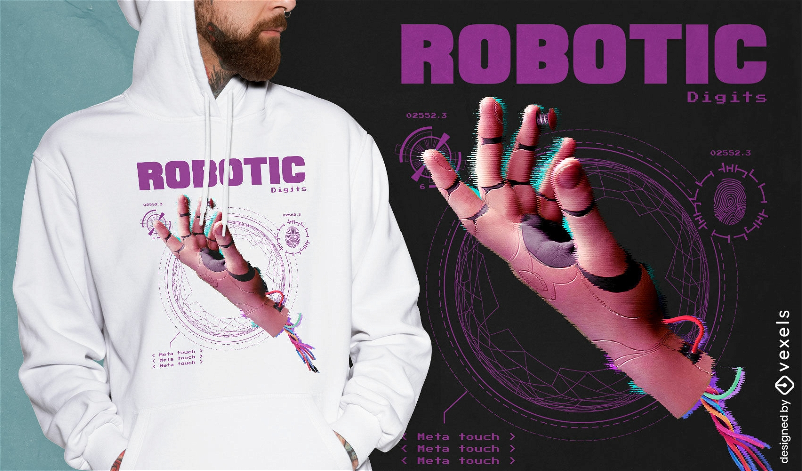 Diseño de camiseta de mano robótica.